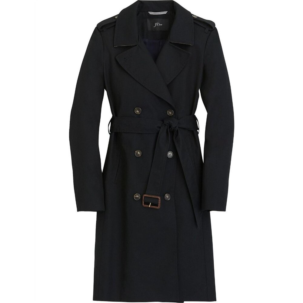 NWT J.Crew Petite 2011 Icon Trench in Black Cotton Double-Breasted Coat 0P